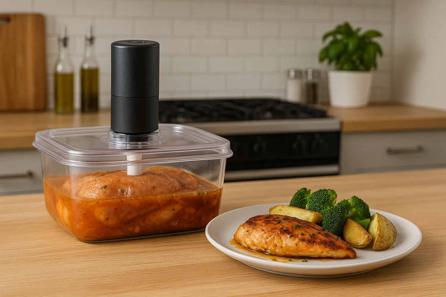 A vacuum food marinator actively sealing in marinade