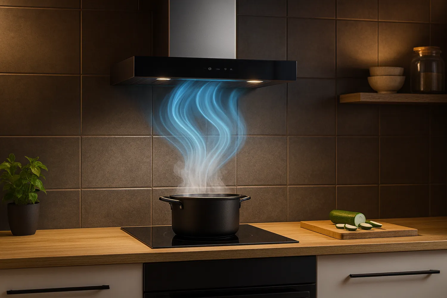 Air purifying cooker hood in a modern kitchen for cleaner indoor air