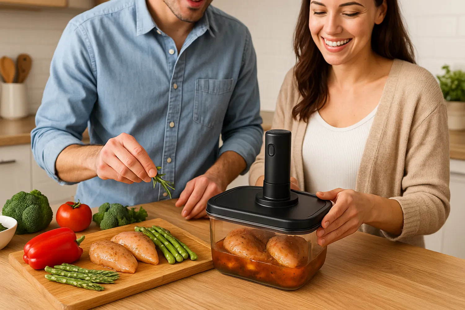 Couple using a vacuum food marinator to prepare chicken and vegetables in a modern kitchen