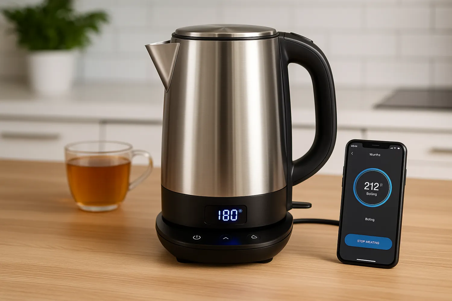 Modern Smart Tea Kettle with Temperature Control in a Contemporary Kitchen