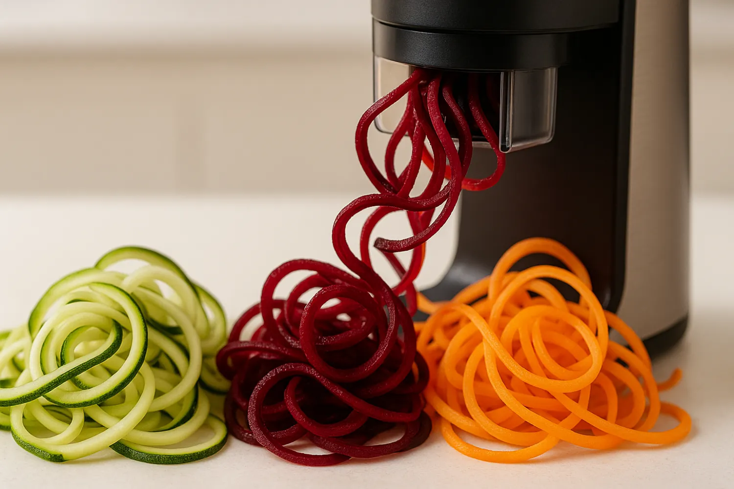 Close-Up of Electric Spiralizer Making Colourful Vegetable Noodles Close-Up of Electric Spiralizer Making Colourful Vegetable Noodles