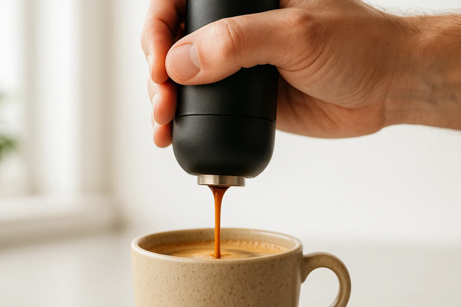 Close-Up of a Manual Portable Espresso Maker Brewing Fresh Coffee Close-Up of a Manual Portable Espresso Maker Brewing Fresh Coffee