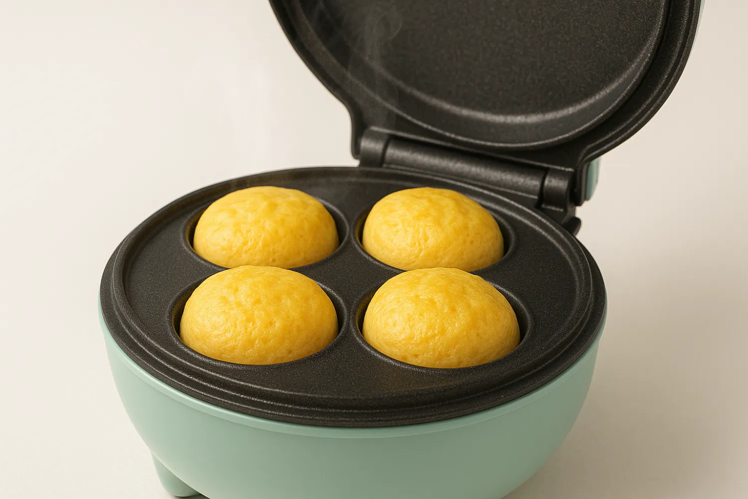 Close-up view of fluffy egg bites cooked in a non-stick electric egg bite maker