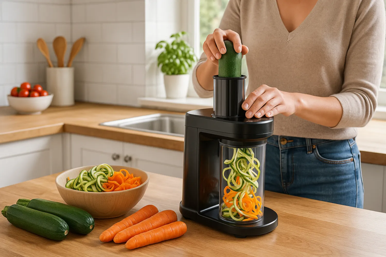 Electric Vegetable Spiralizer in Use for Fresh Courgette Noodles