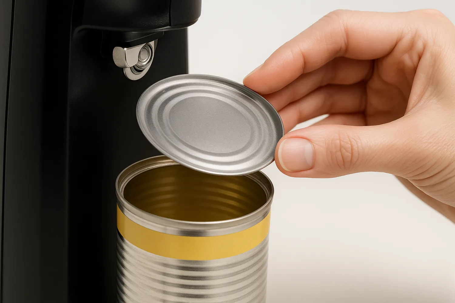 Hands-free safe edge automatic can opener in use Hands-free safe edge automatic can opener in use