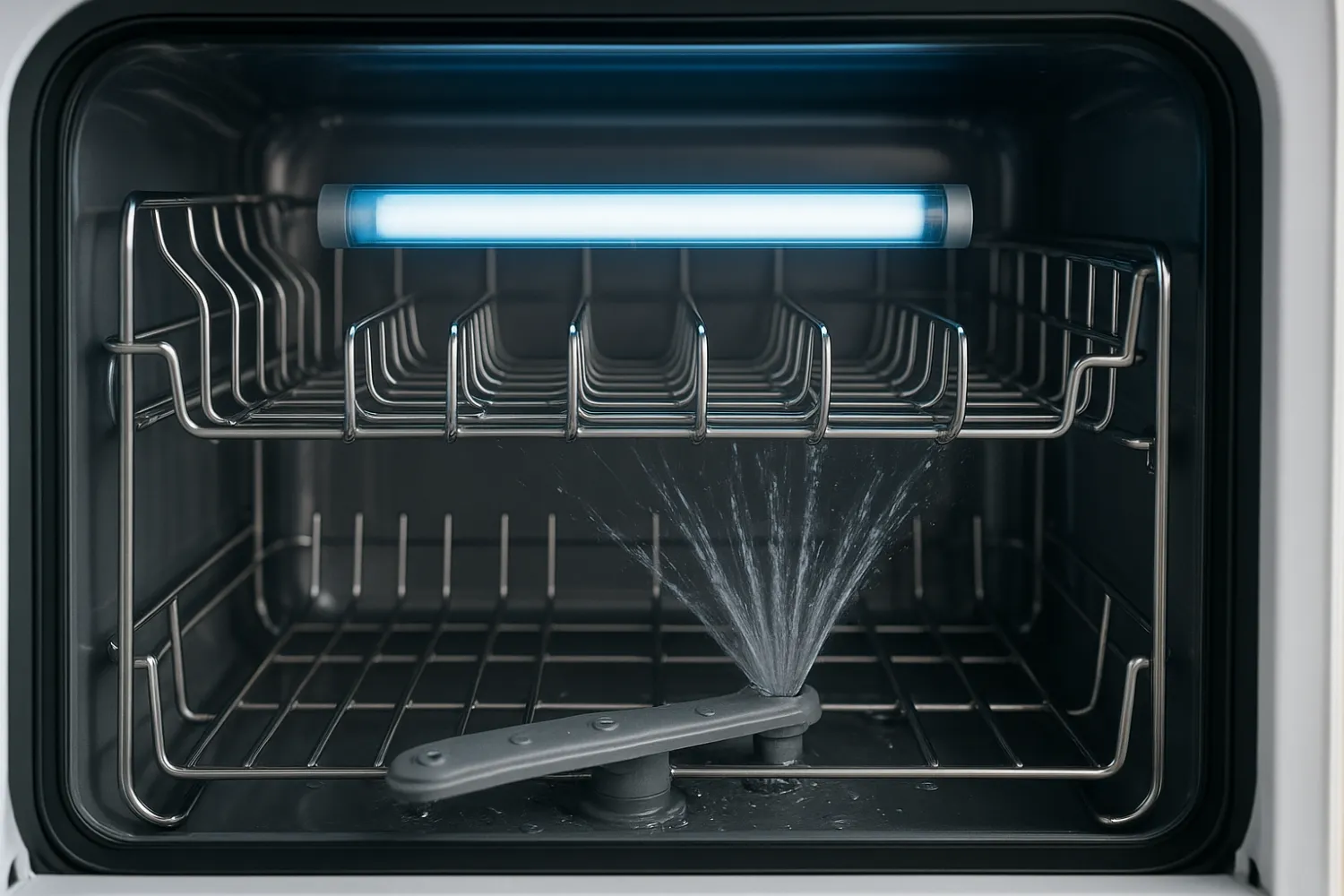 Close-up of countertop dishwasher steriliser interior showing UV sterilisation and stainless steel racks