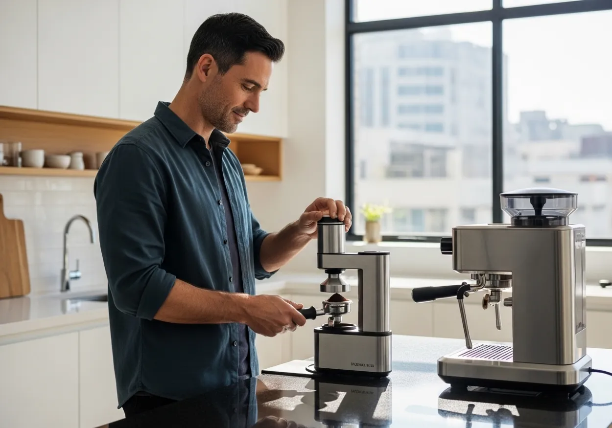Man Using an Automatic Coffee Tamper for Perfect Espresso