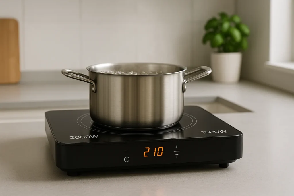 Portable induction hob comparison 1500W vs 2000W on a modern kitchen counter Portable induction hob comparison 1500W vs 2000W on a modern kitchen counter