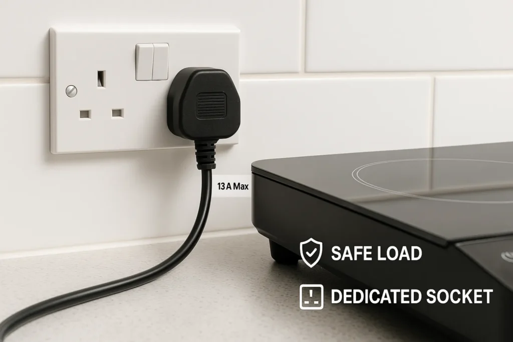 Safe plug connection for a portable induction hob within UK 13A socket limit Safe plug connection for a portable induction hob within UK 13A socket limit
