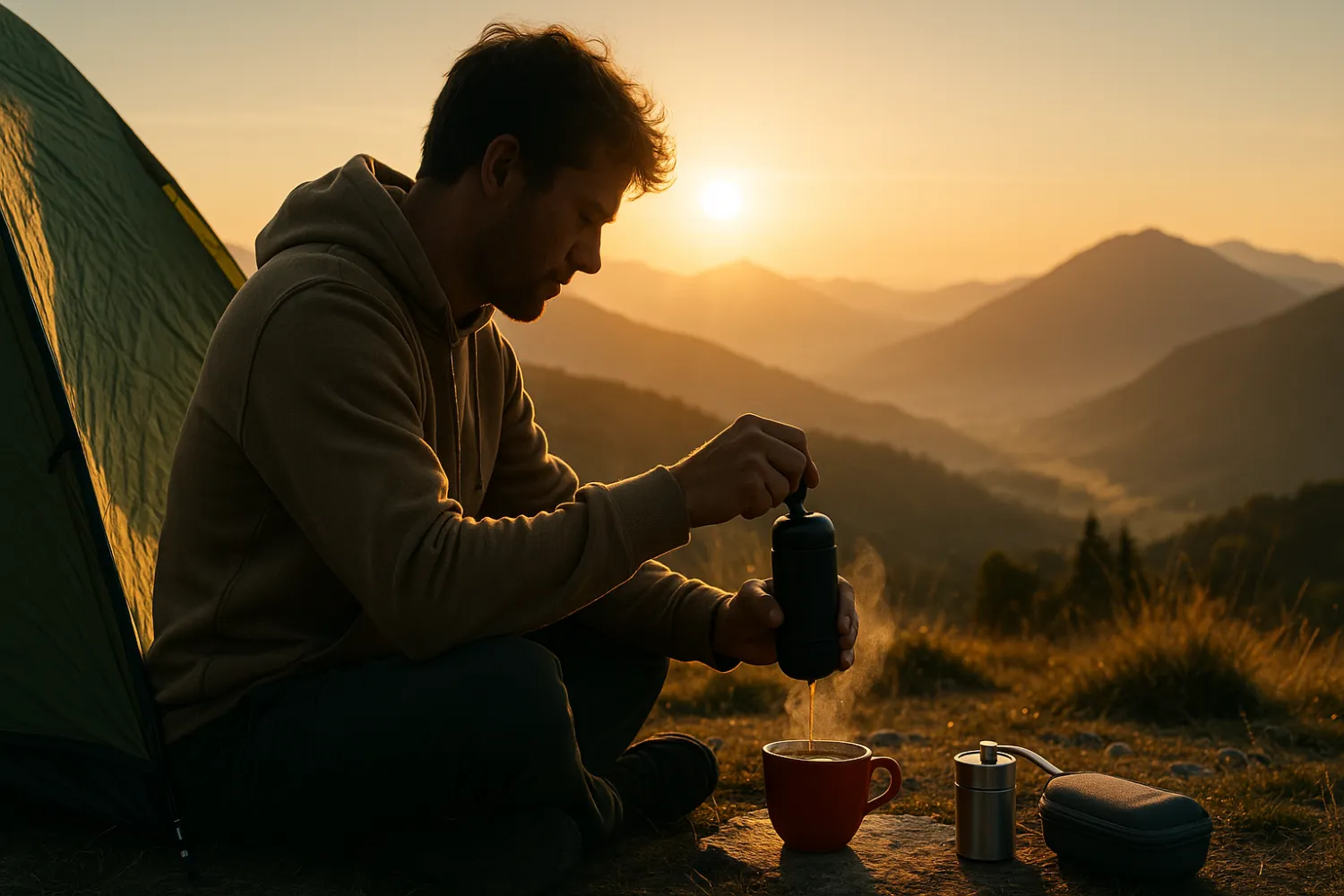 Traveller Brewing Fresh Espresso Outdoors with a Portable Coffee Maker Traveller Brewing Fresh Espresso Outdoors with a Portable Coffee Maker