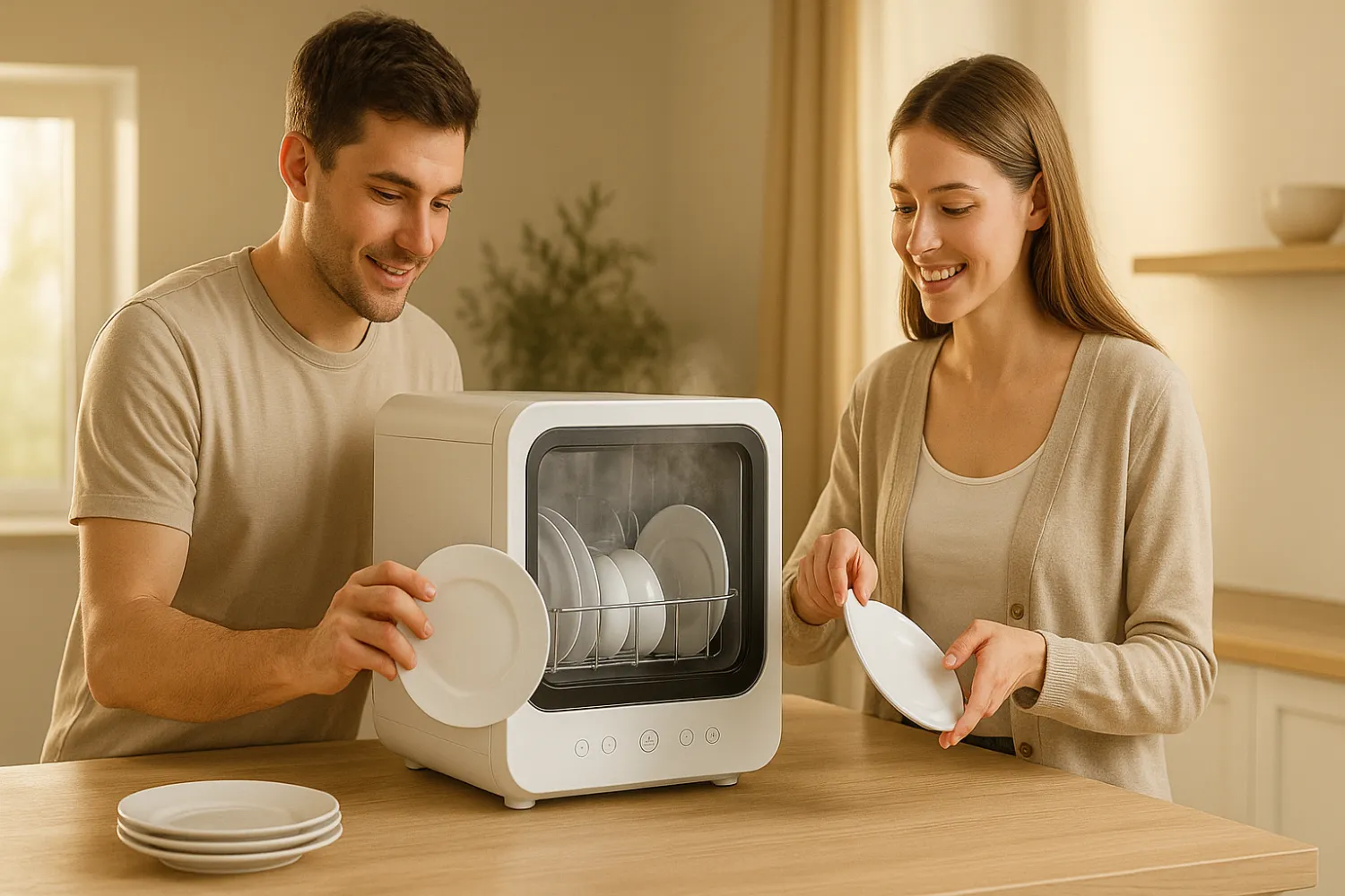 Couple using a countertop dishwasher steriliser for effortless, hygienic dish cleaning at home